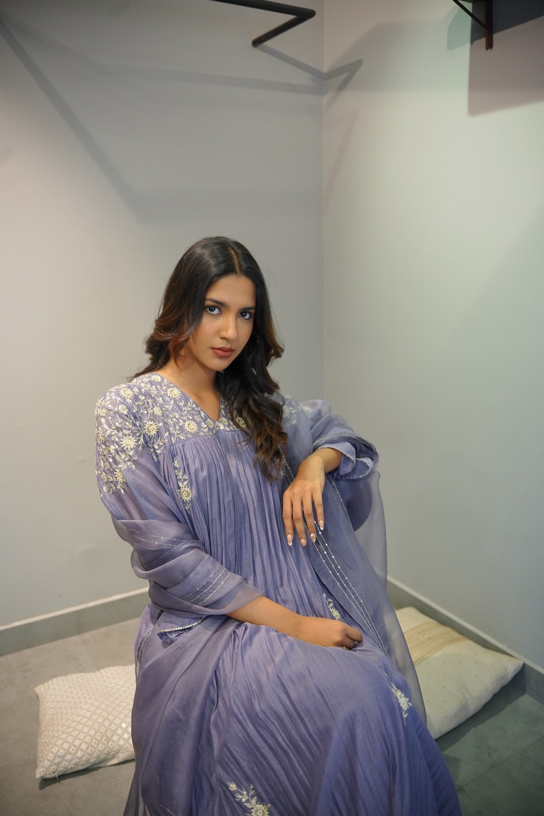 Lavender Blue Chanderi and Organza Kurta Set - Zuleiha