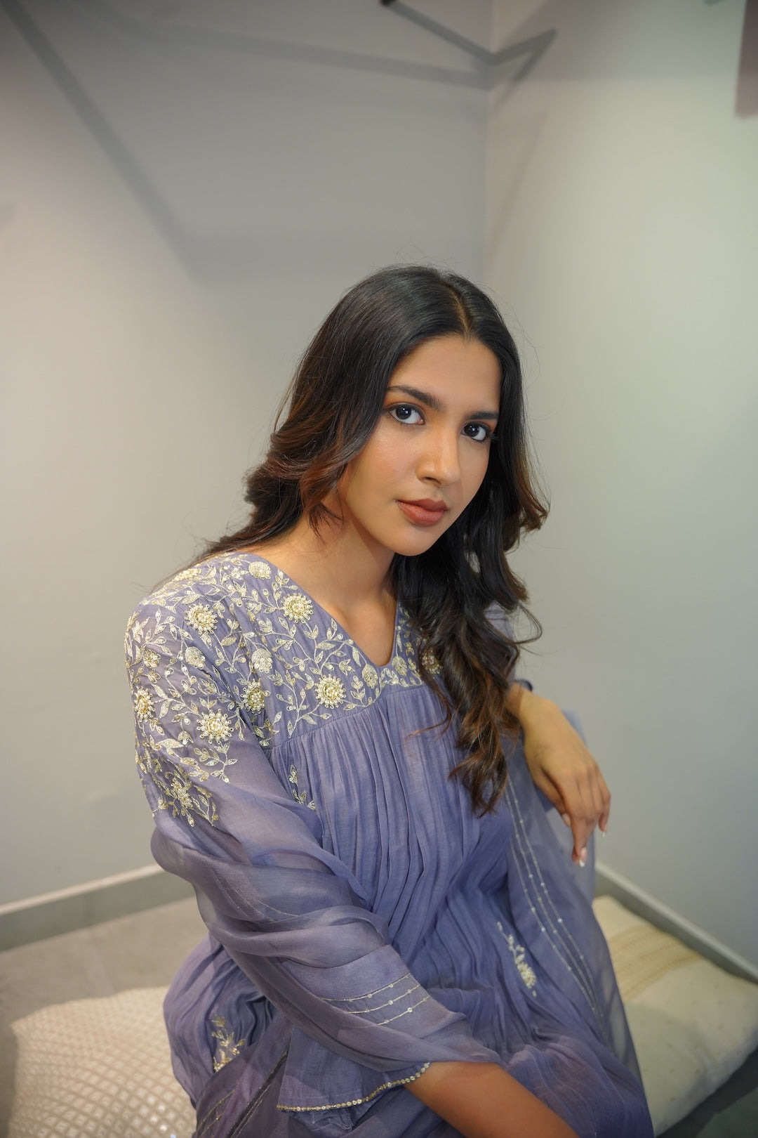 Lavender Blue Chanderi and Organza Kurta Set - Zuleiha