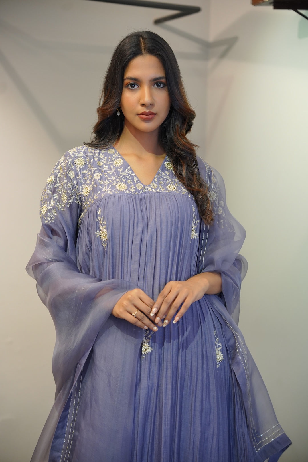 Lavender Blue Chanderi and Organza Kurta Set - Zuleiha