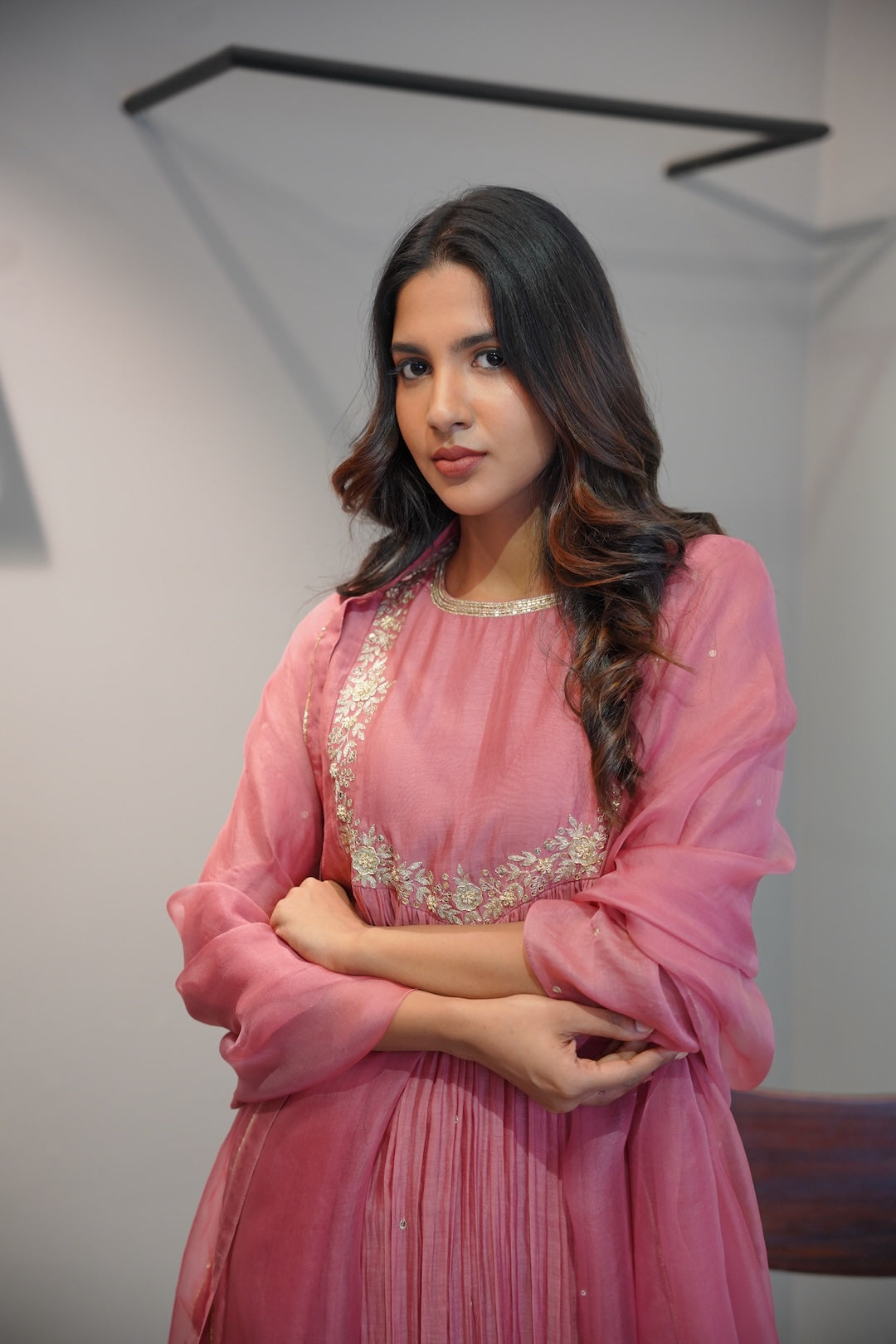 Mauve Pink Chanderi and Organza Kurta Set - Zuleiha