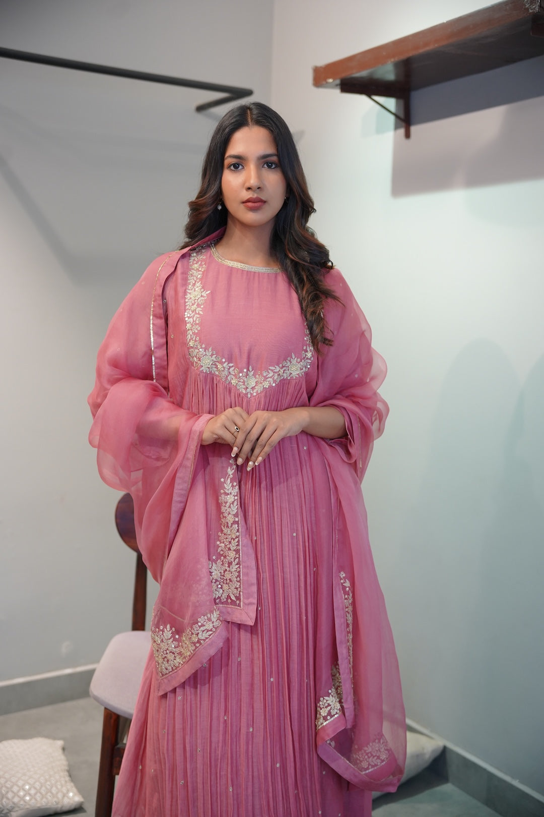 Mauve Pink Chanderi and Organza Kurta Set - Zuleiha