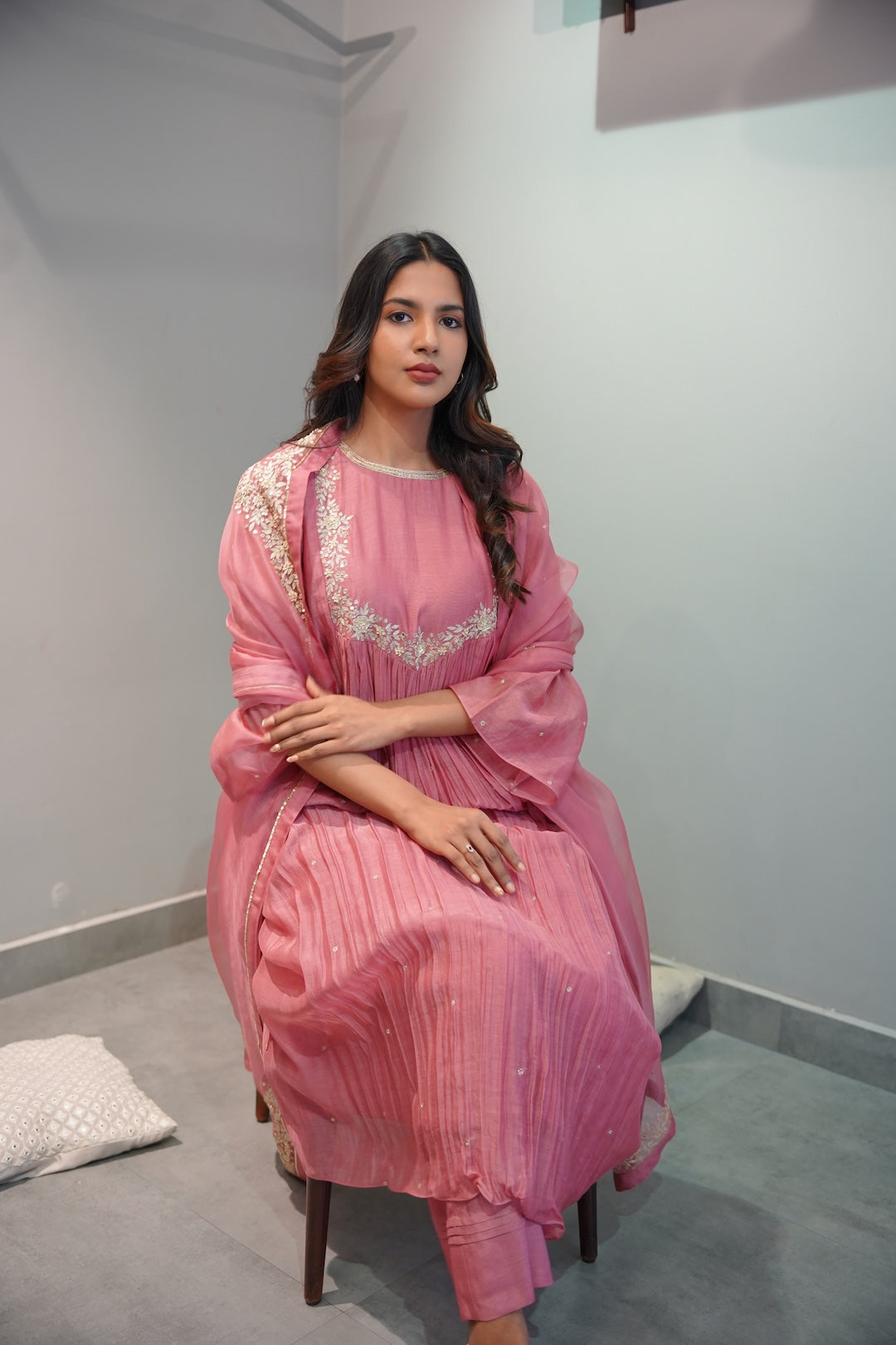 Mauve Pink Chanderi and Organza Kurta Set - Zuleiha