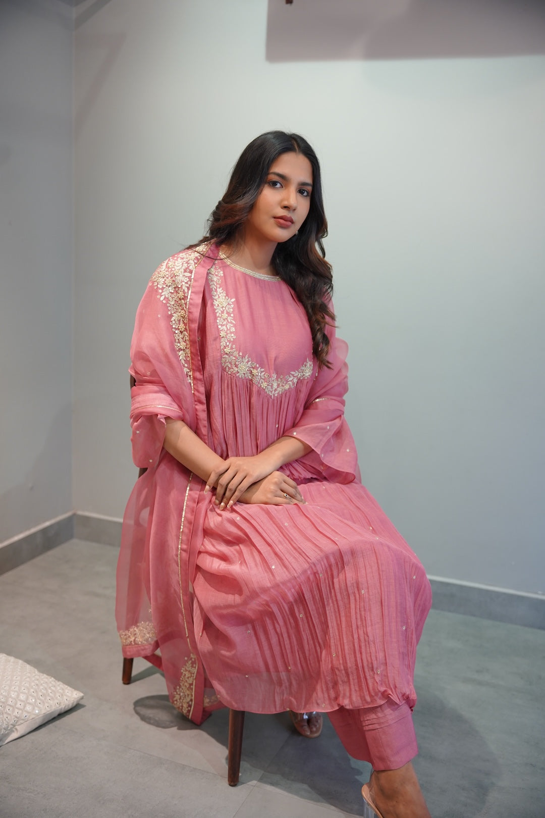Mauve Pink Chanderi and Organza Kurta Set - Zuleiha