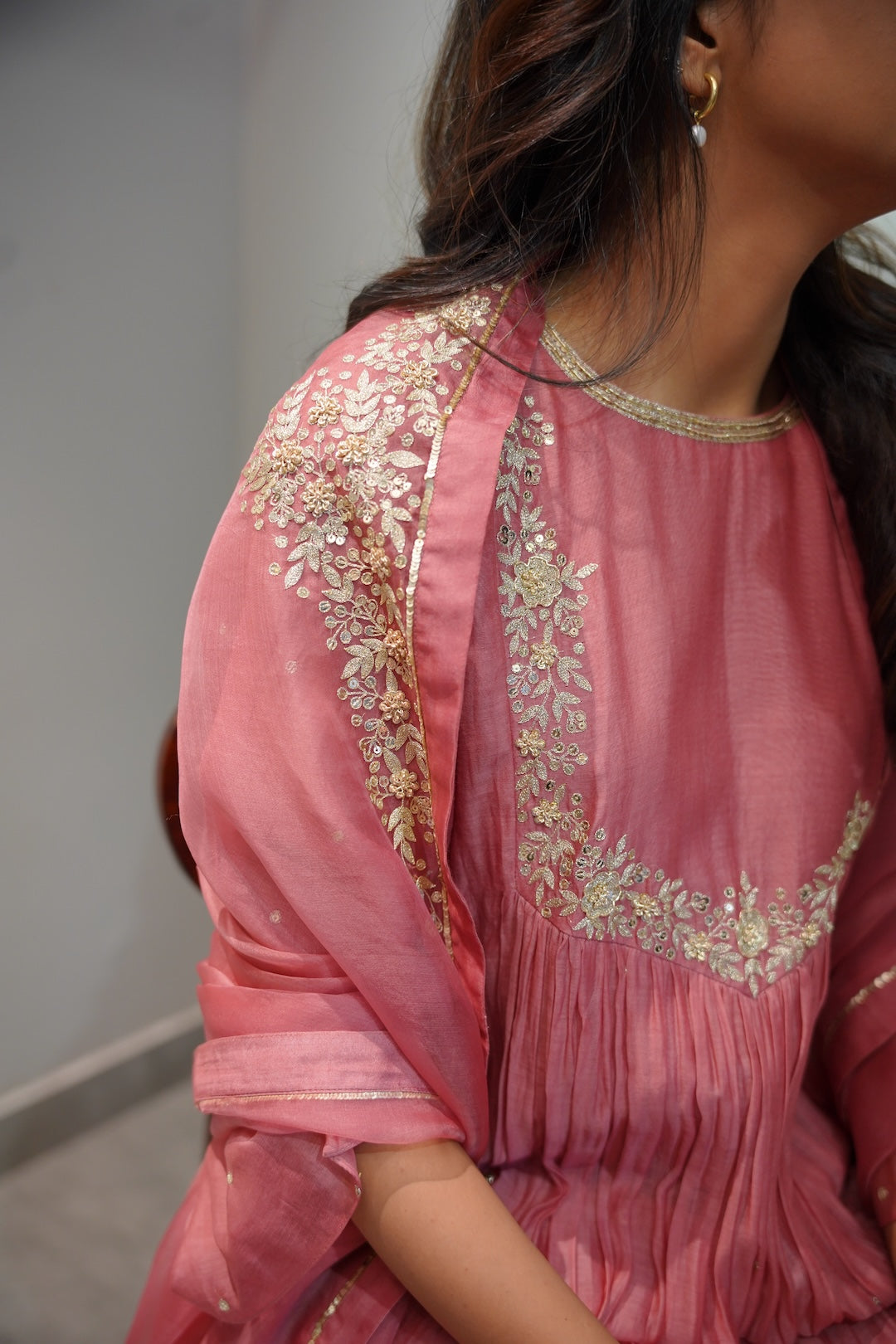 Mauve Pink Chanderi and Organza Kurta Set - Zuleiha