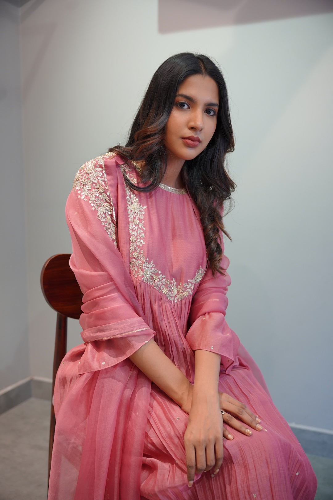 Mauve Pink Chanderi and Organza Kurta Set - Zuleiha