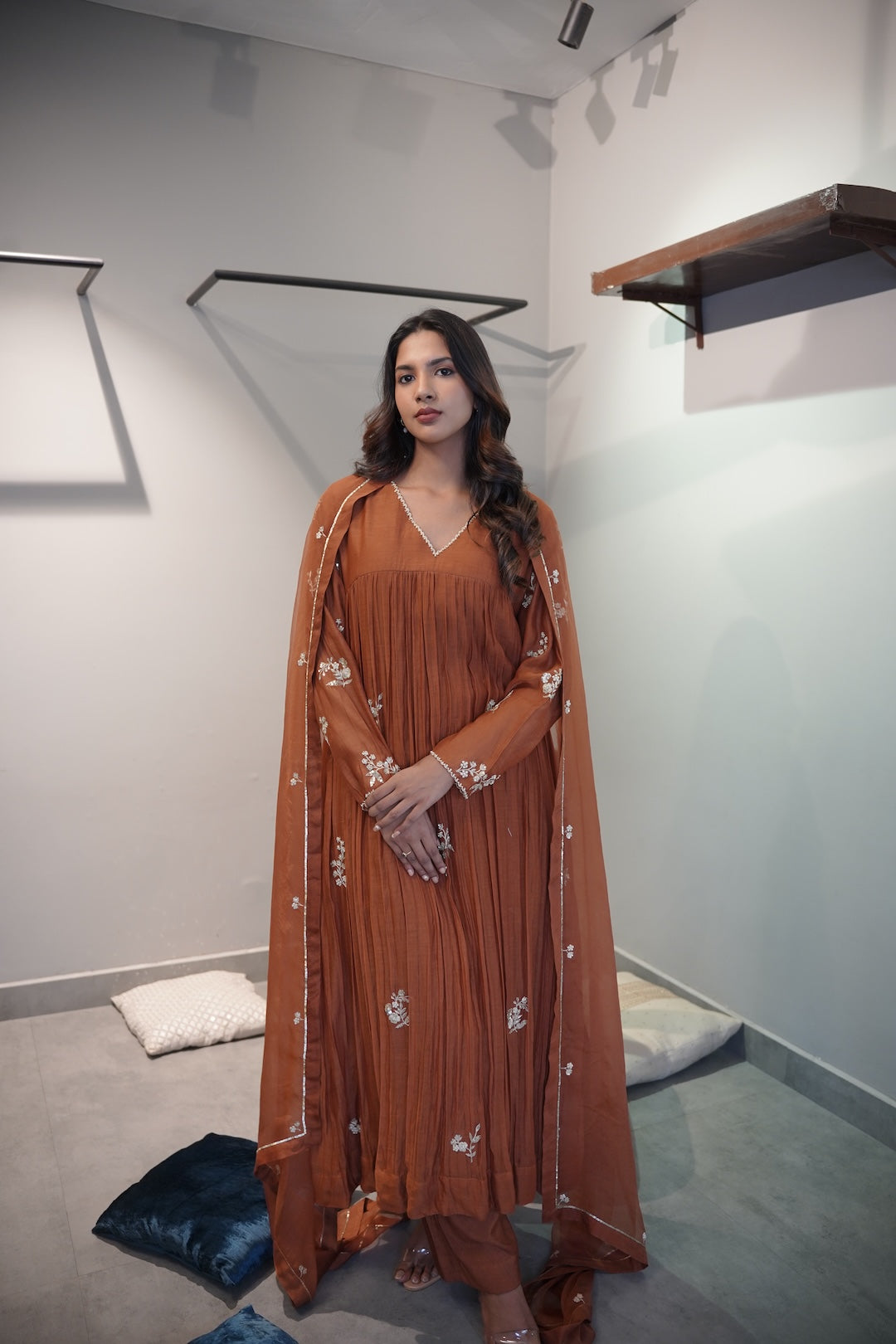 Golden Brown Chanderi and Organza Kurta Set - Zuleiha