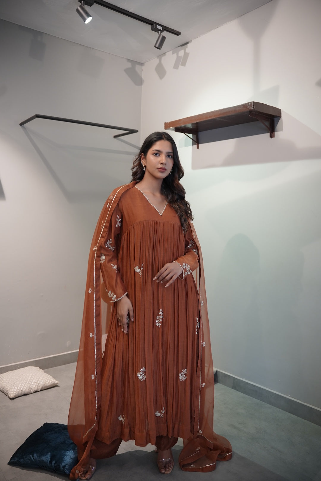 Golden Brown Chanderi and Organza Kurta Set - Zuleiha