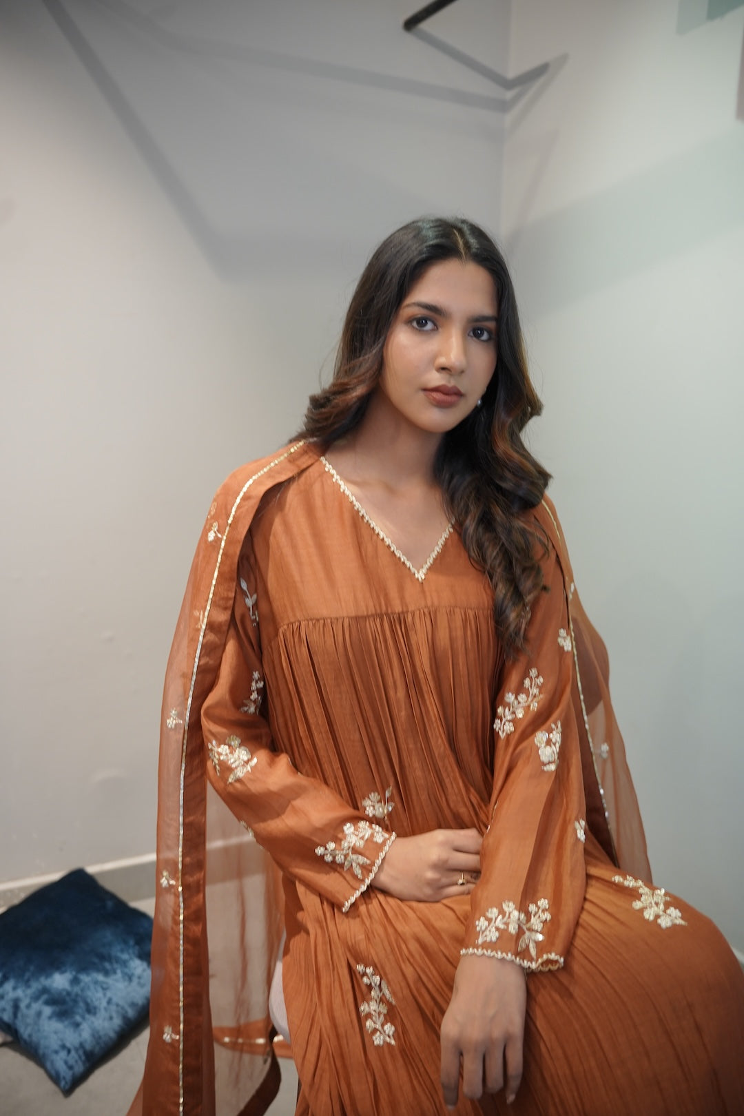 Golden Brown Chanderi and Organza Kurta Set - Zuleiha