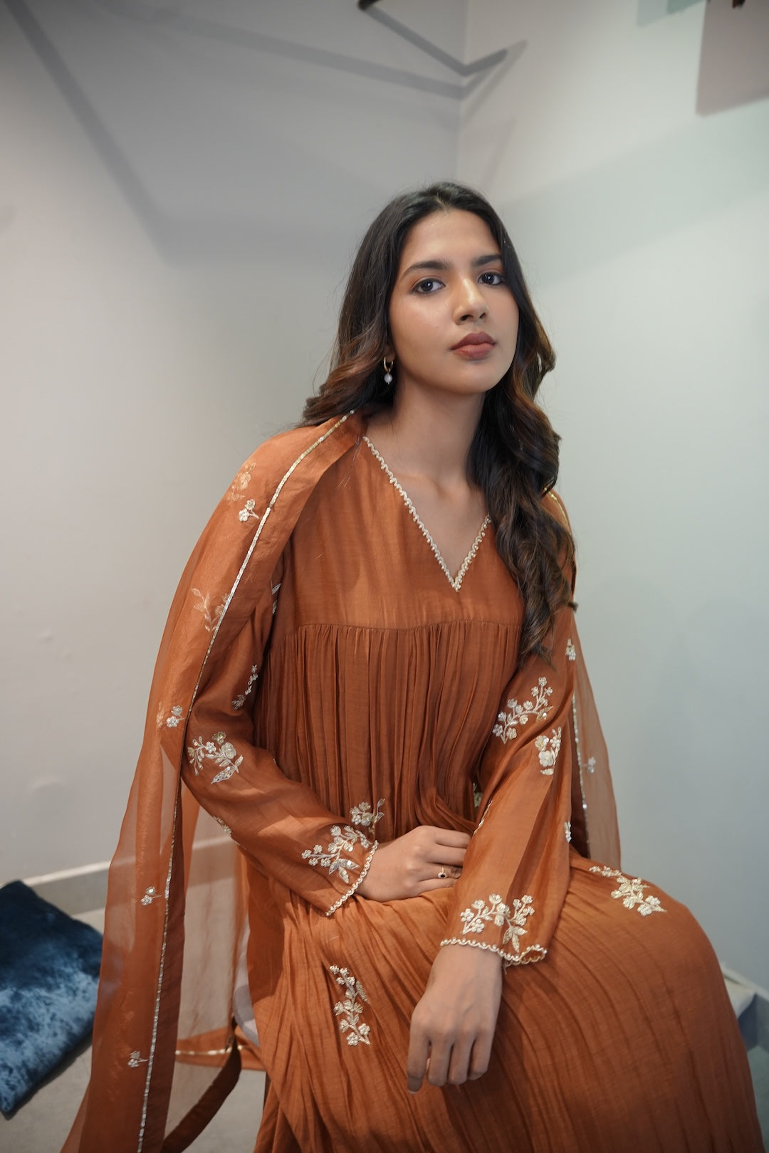 Golden Brown Chanderi and Organza Kurta Set - Zuleiha