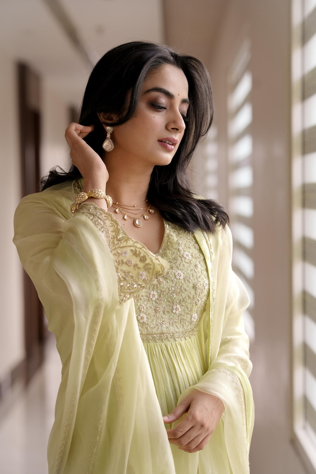 Namitha Pramod in Light Green Chanderi and Organza Suit - Zuleiha