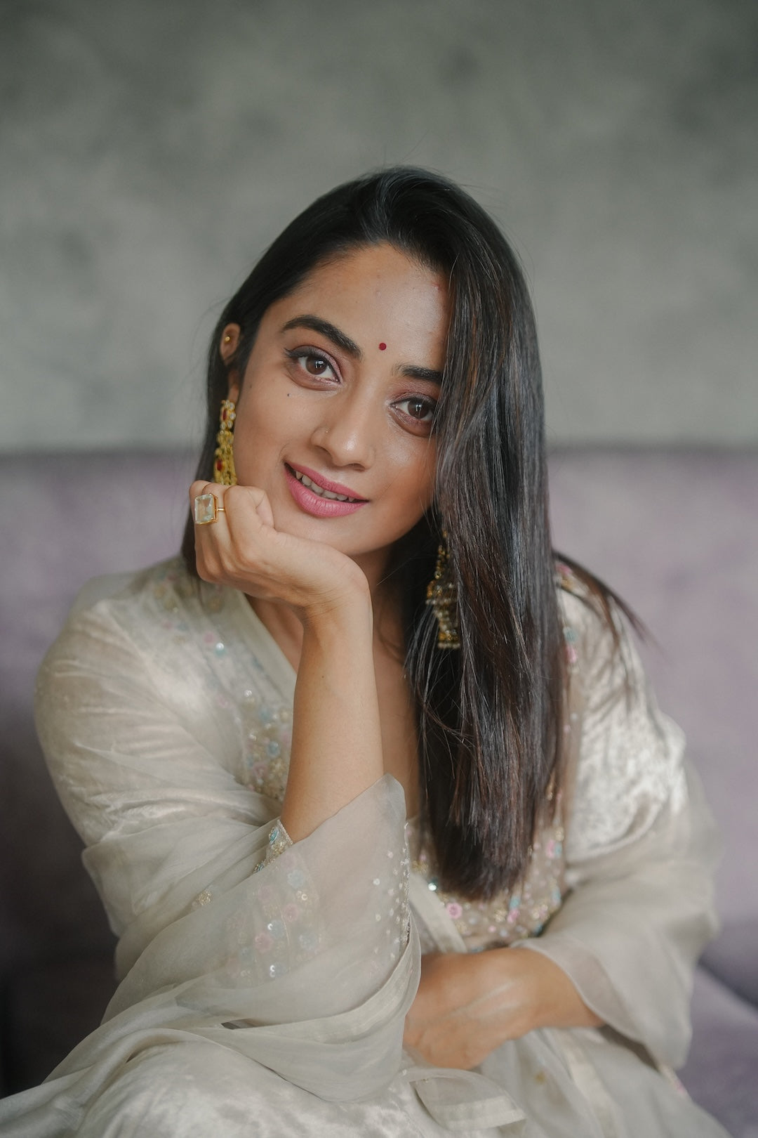 Namitha Pramod in Ivory Velvet and organza Kurti Set