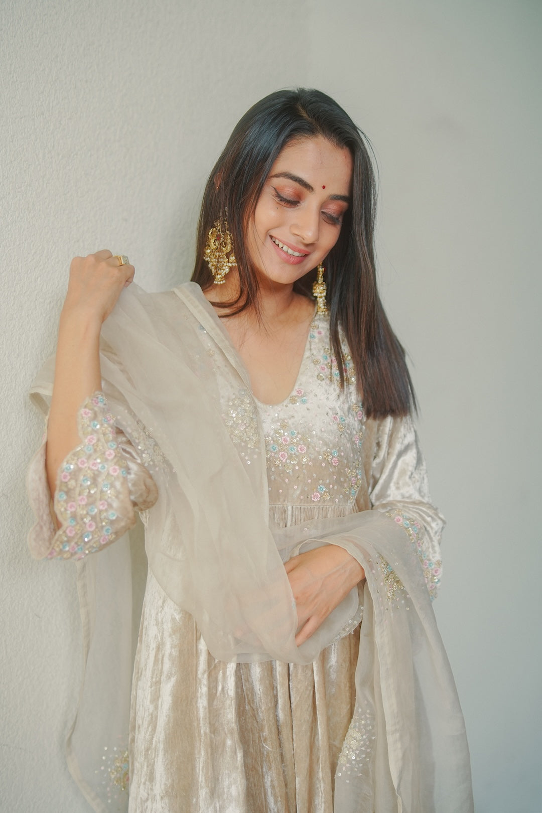 Namitha Pramod in Ivory Velvet and organza Kurti Set
