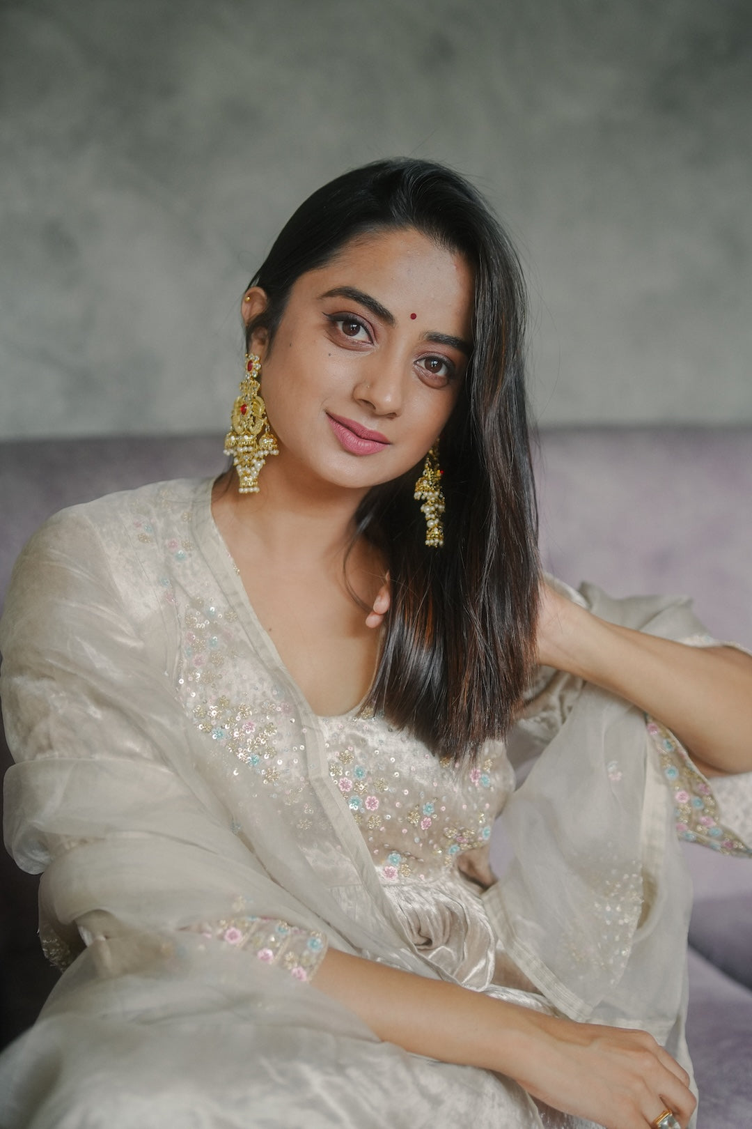 Namitha Pramod in Ivory Velvet and organza Kurti Set