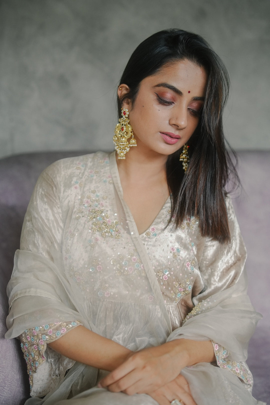 Namitha Pramod in Ivory Velvet and organza Kurti Set