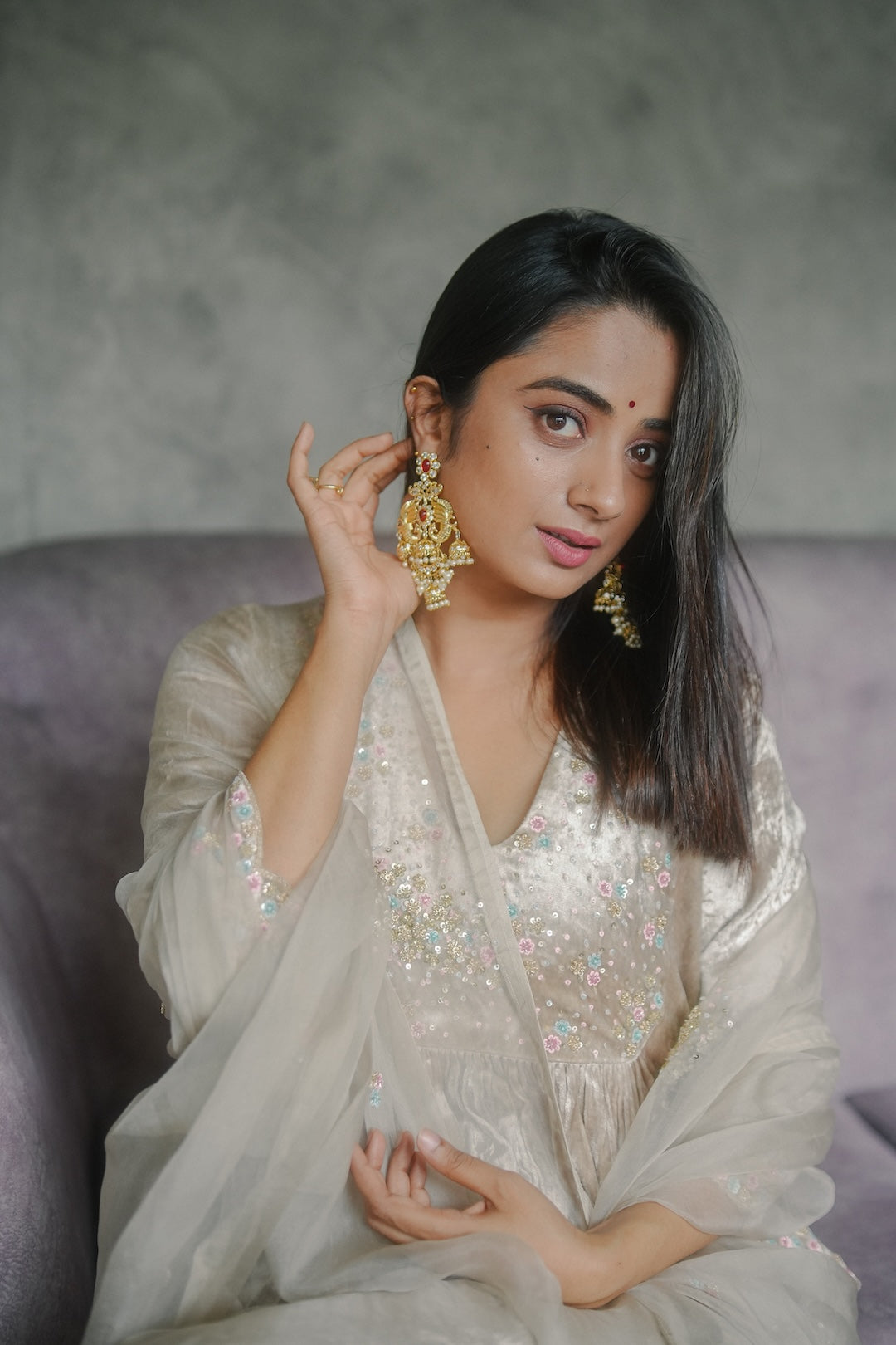 Namitha Pramod in Ivory Velvet and organza Kurti Set