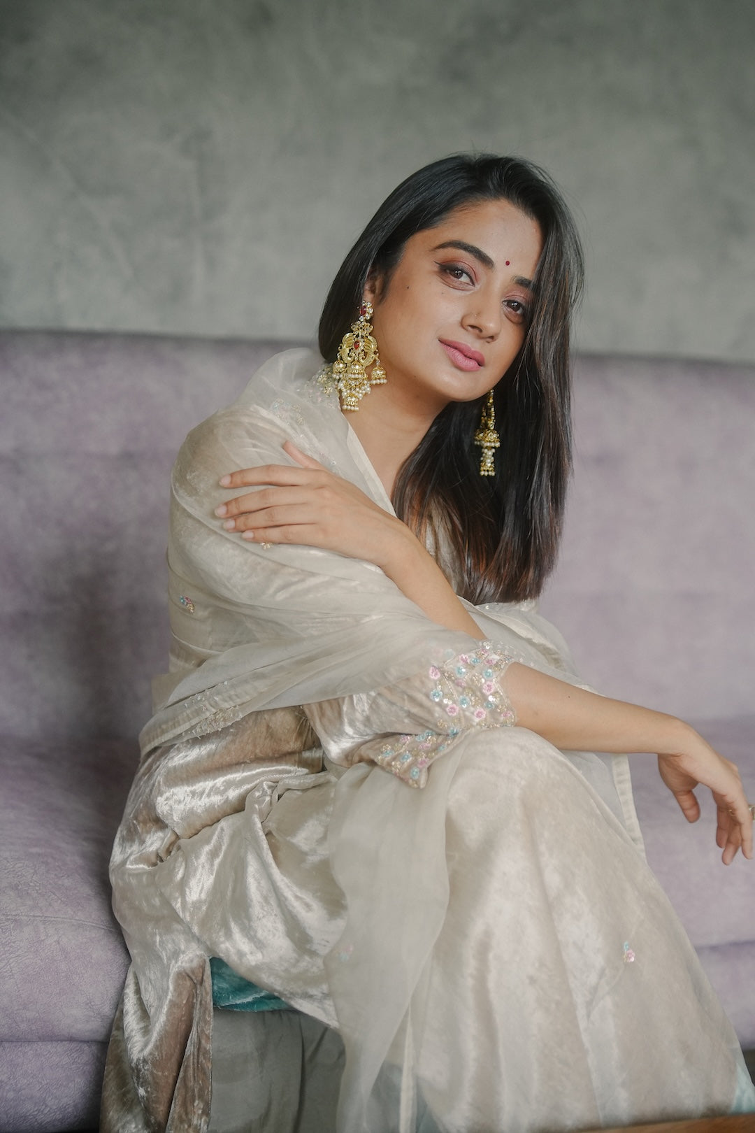 Namitha Pramod in Ivory Velvet and organza Kurti Set
