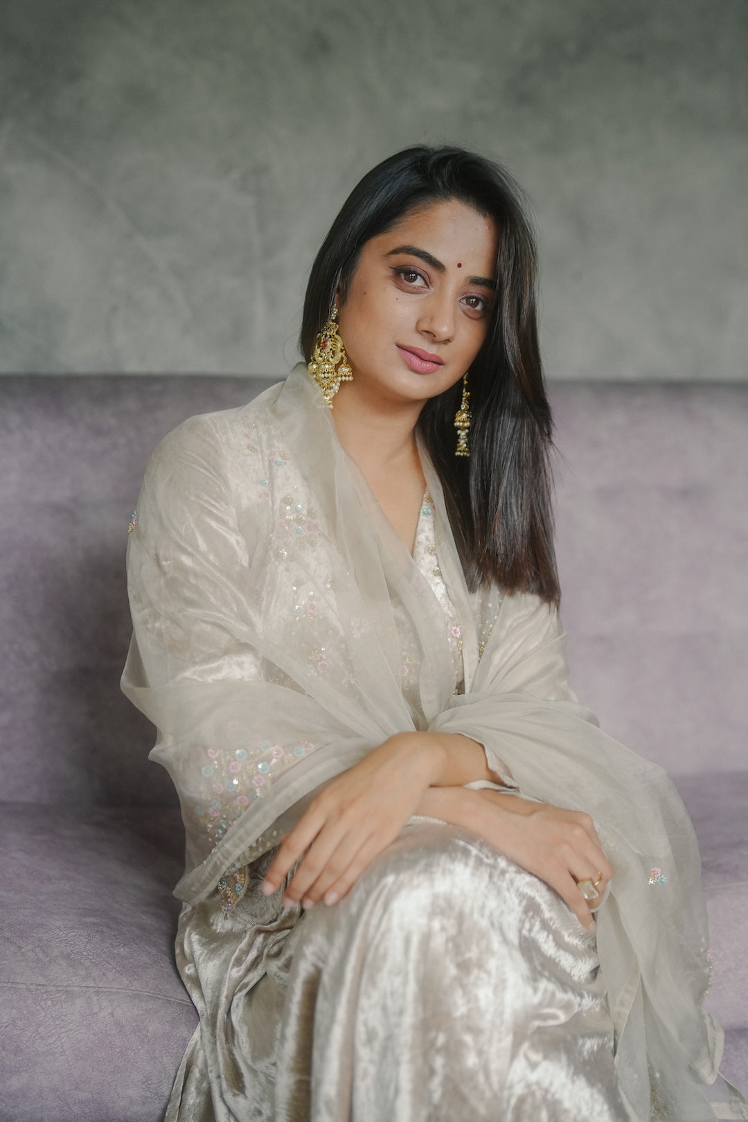Namitha Pramod in Ivory Velvet and organza Kurti Set