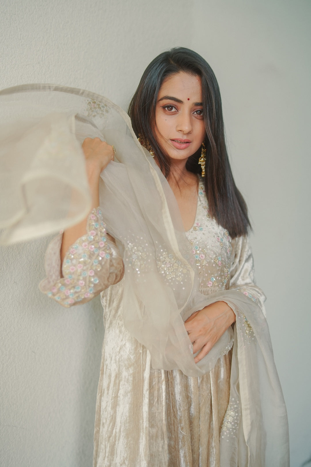 Namitha Pramod in Ivory Velvet and organza Kurti Set