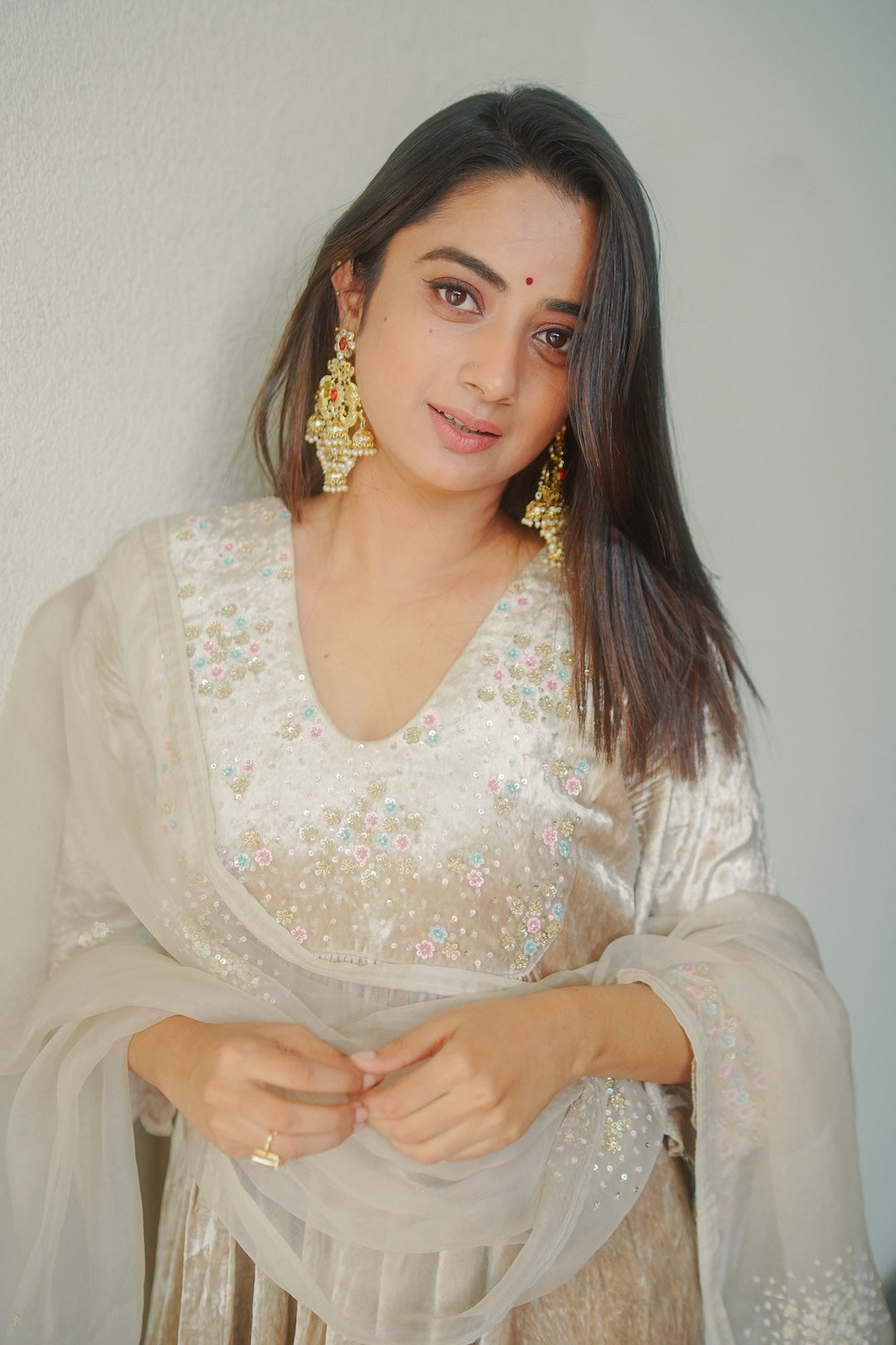 Namitha Pramod in Ivory Velvet and organza Kurti Set