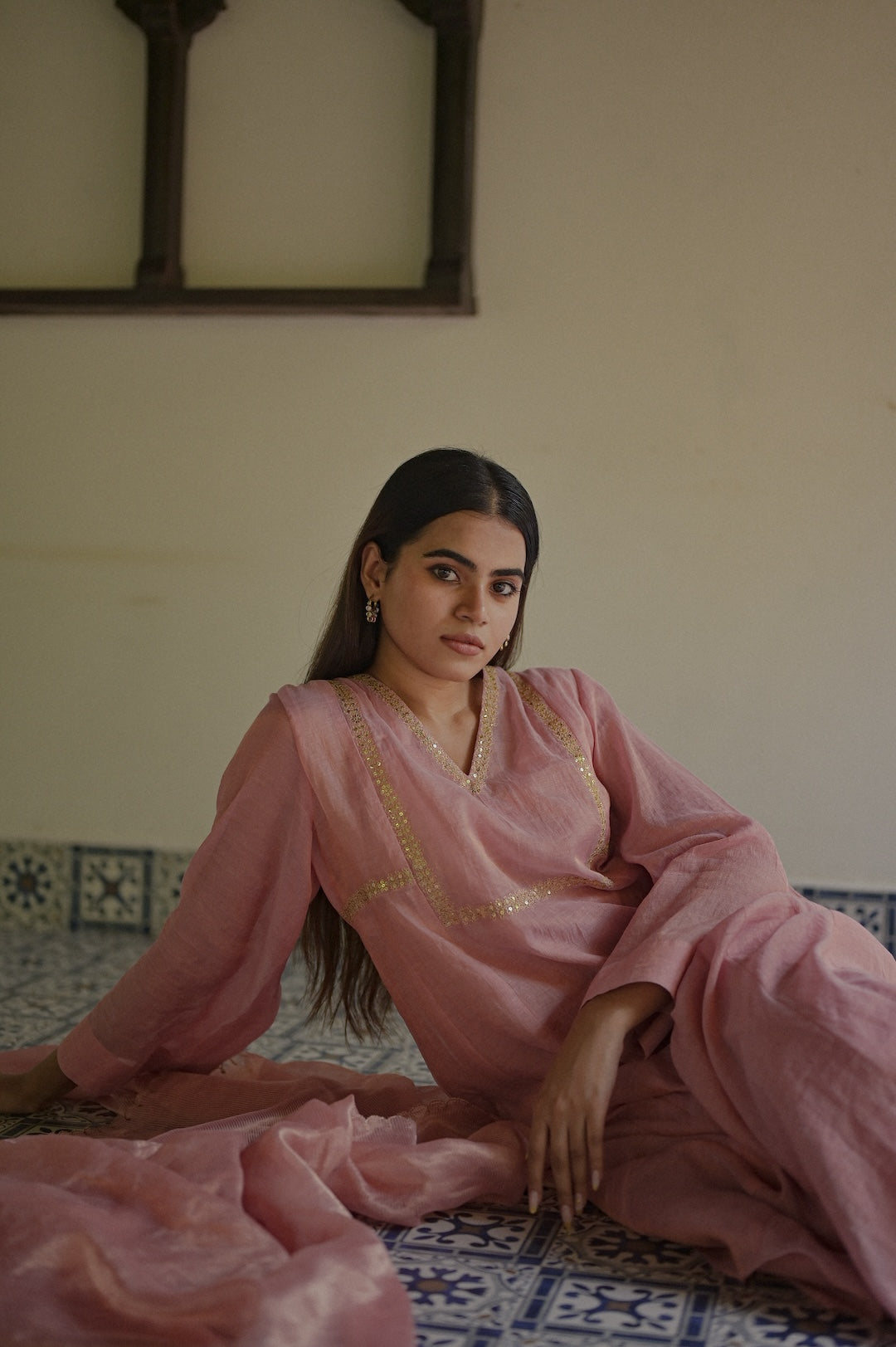 Soft Pink Chanderi Tissue Kurta Set - Zuleiha