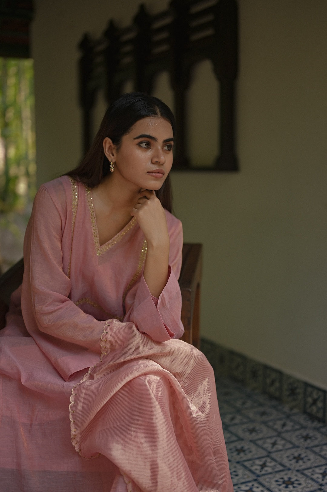 Soft Pink Chanderi Tissue Kurta Set - Zuleiha