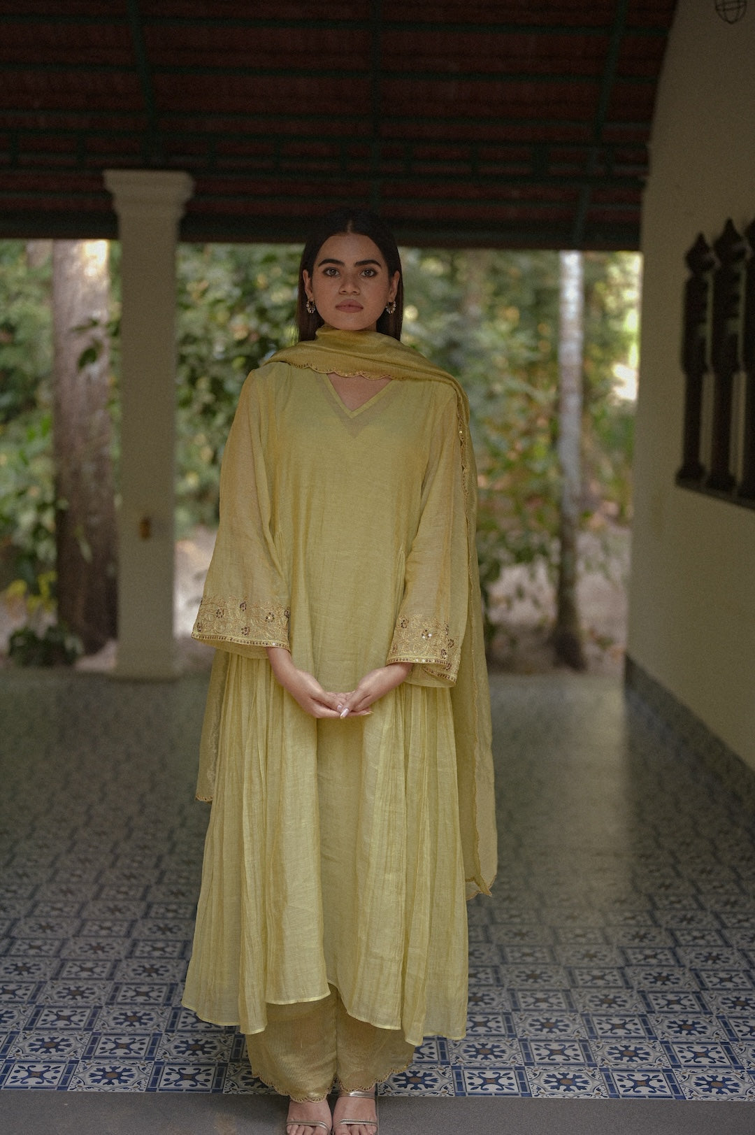 Pastel Green Chanderi Tissue Kurta Set - Zuleiha