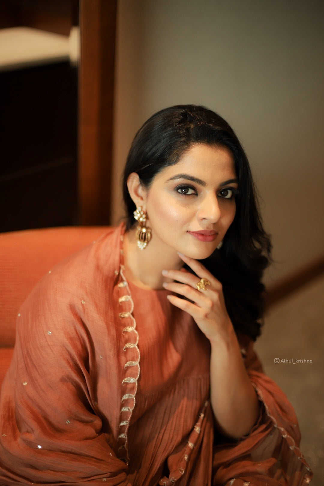 Nikhila Vimal in Rust Orange Kurti Set Zuleiha