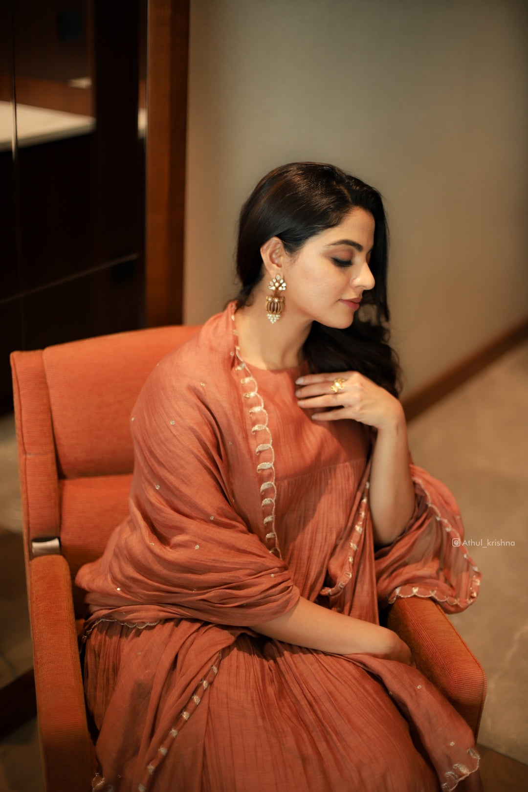 Nikhila Vimal in Rust Orange Kurti Set Zuleiha