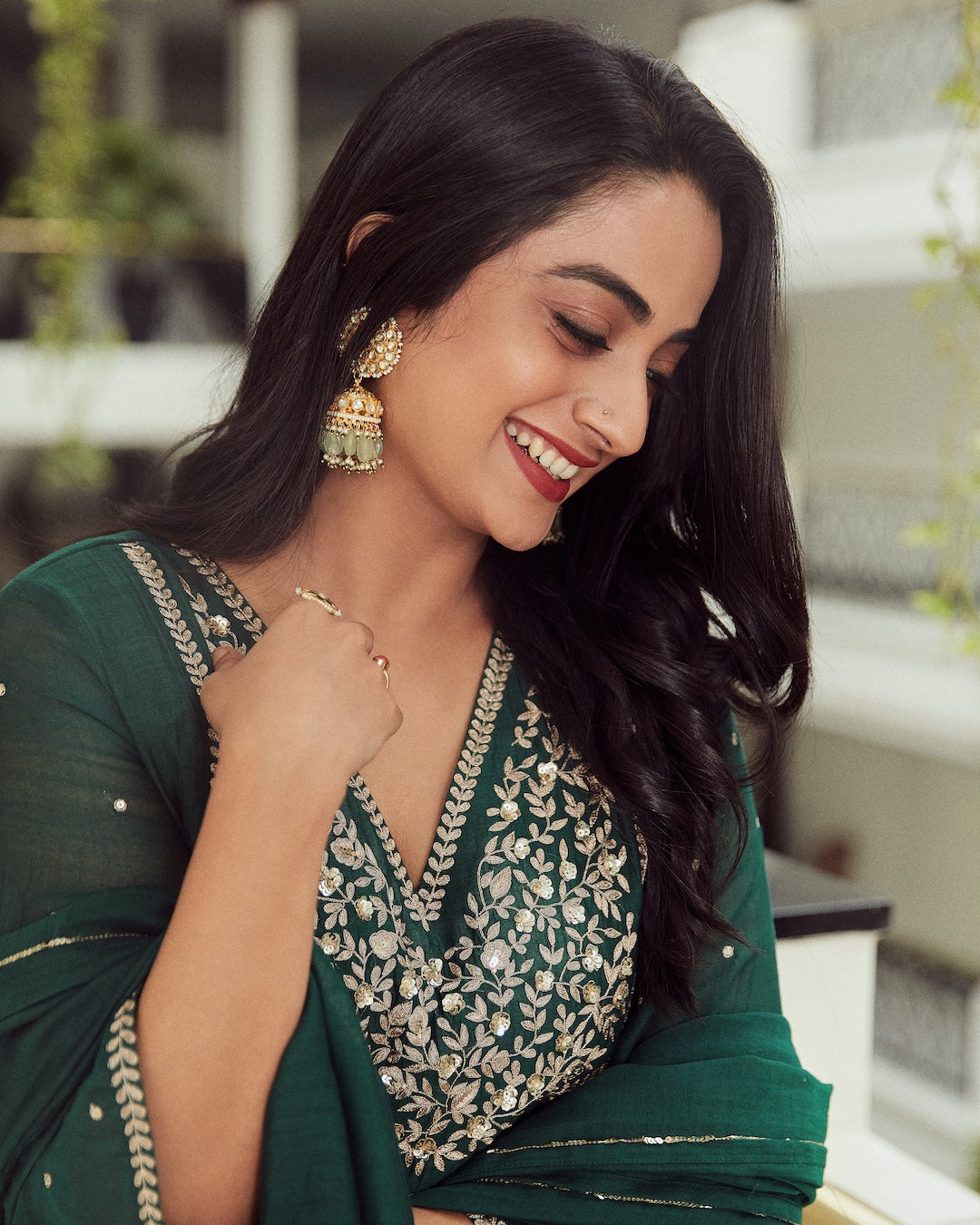 Namitha Pramod in Bottle green Chanderi Kurti Set