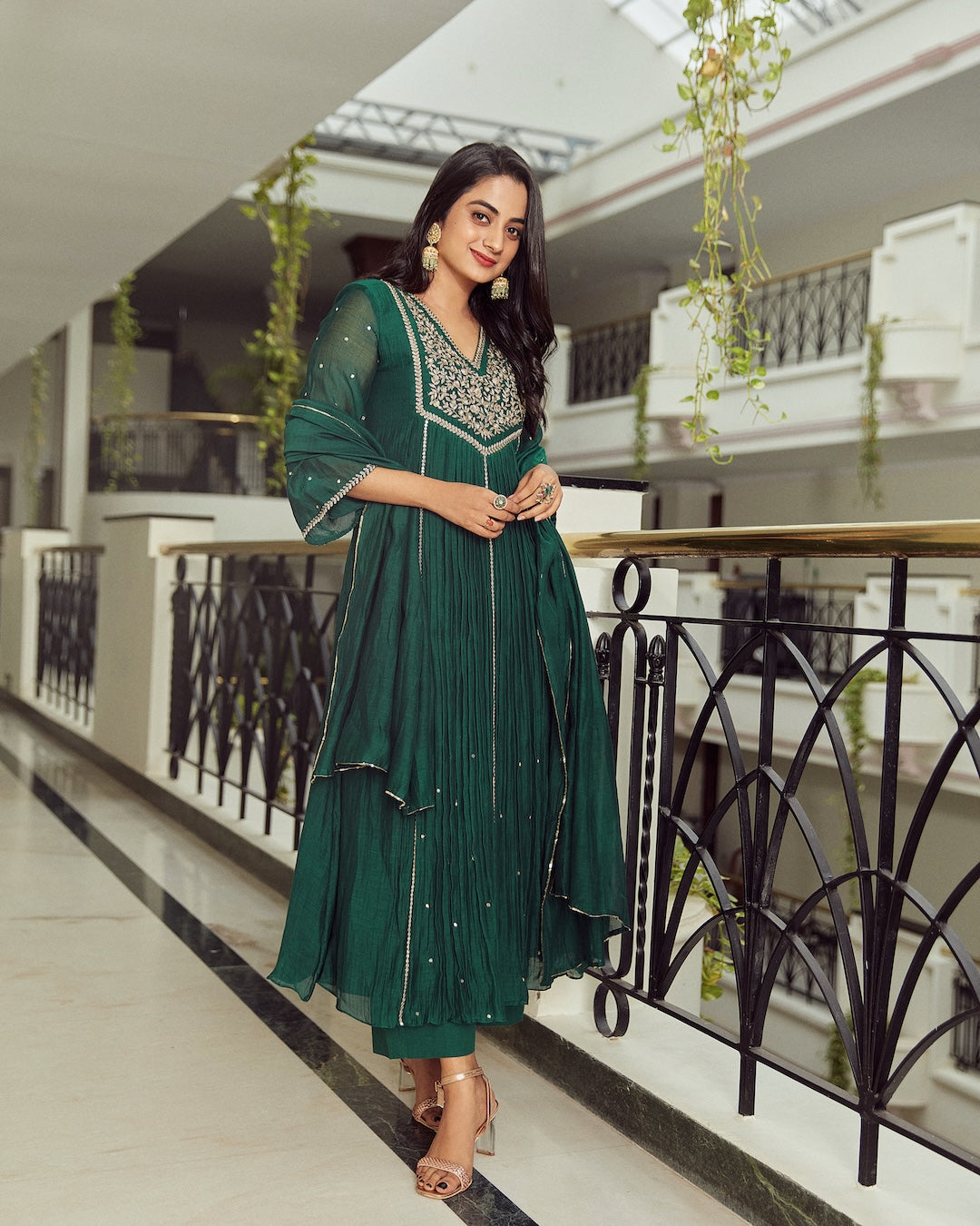 Namitha Pramod in Bottle green Chanderi Kurti Set