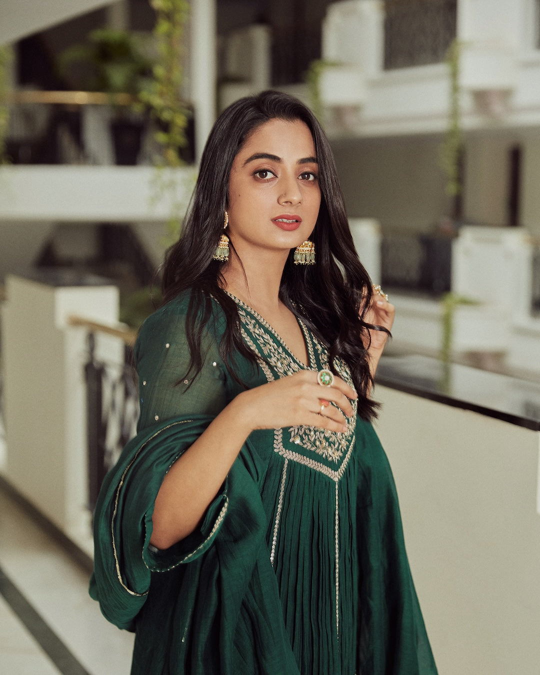 Namitha Pramod in Bottle green Chanderi Kurti Set