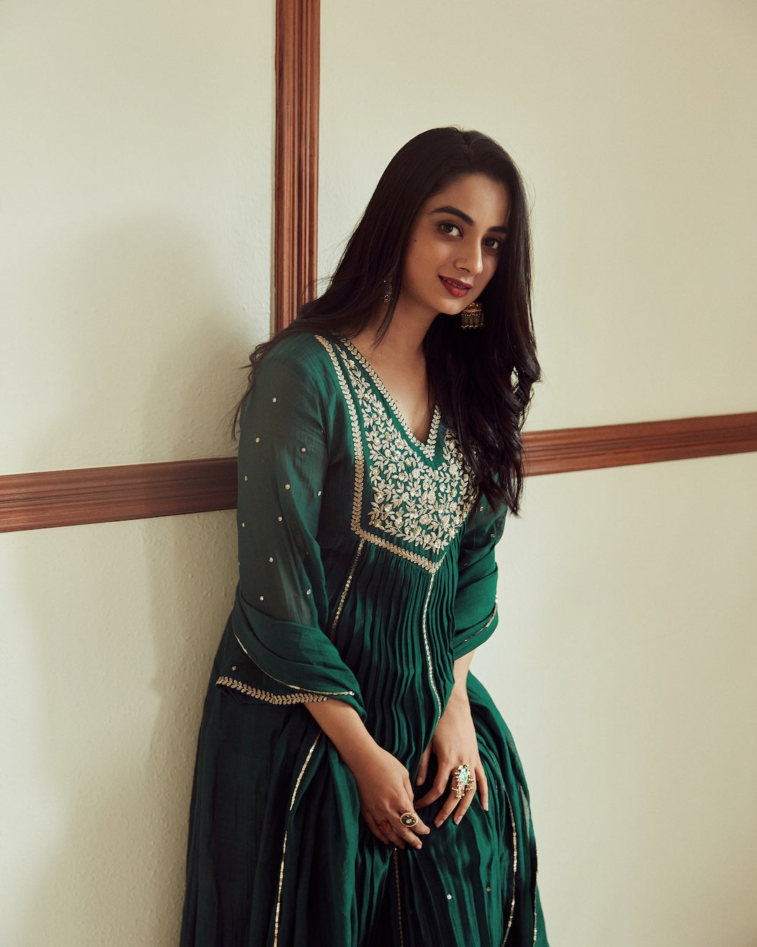 Namitha Pramod in Bottle green Chanderi Kurti Set