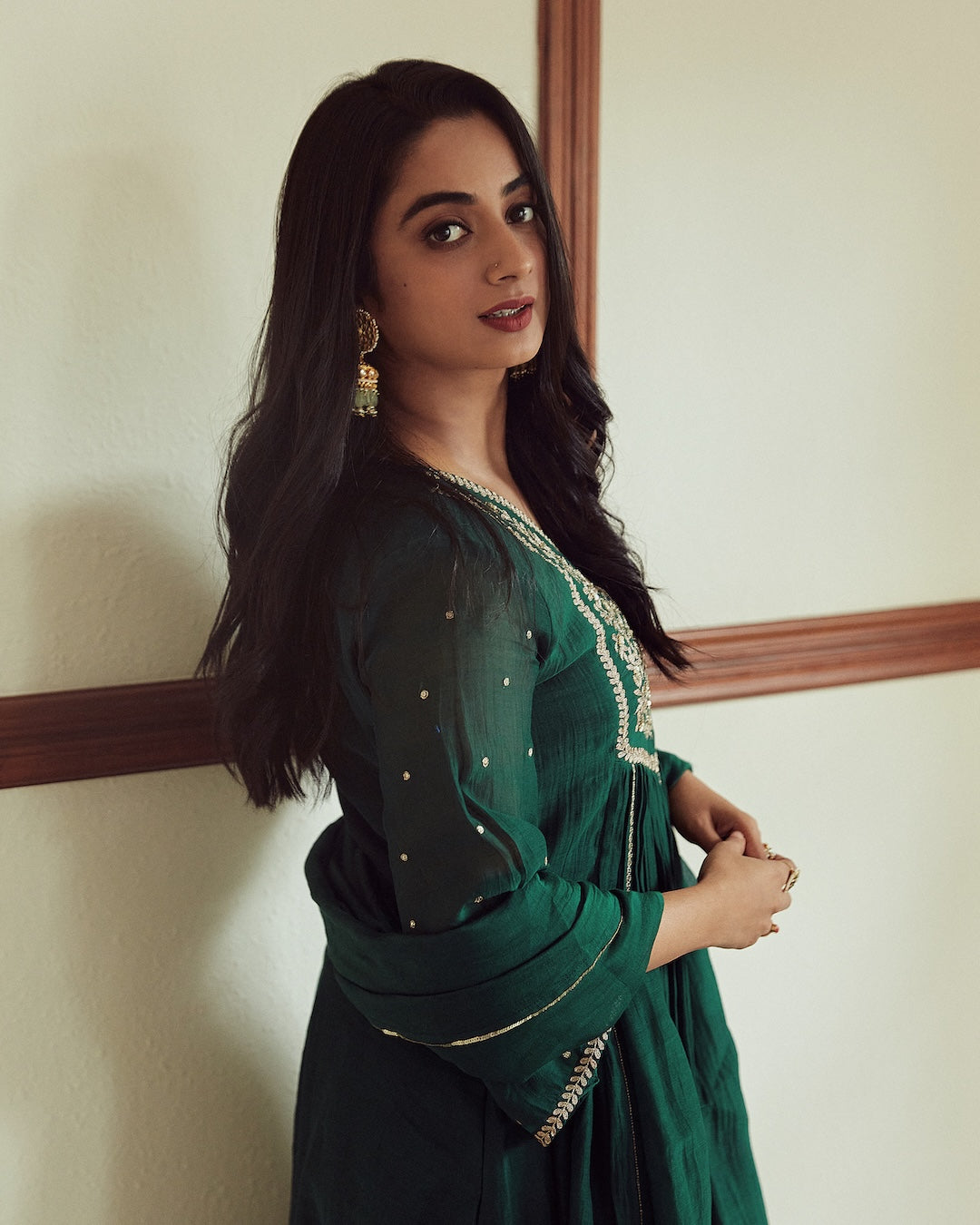 Namitha Pramod in Bottle green Chanderi Kurti Set