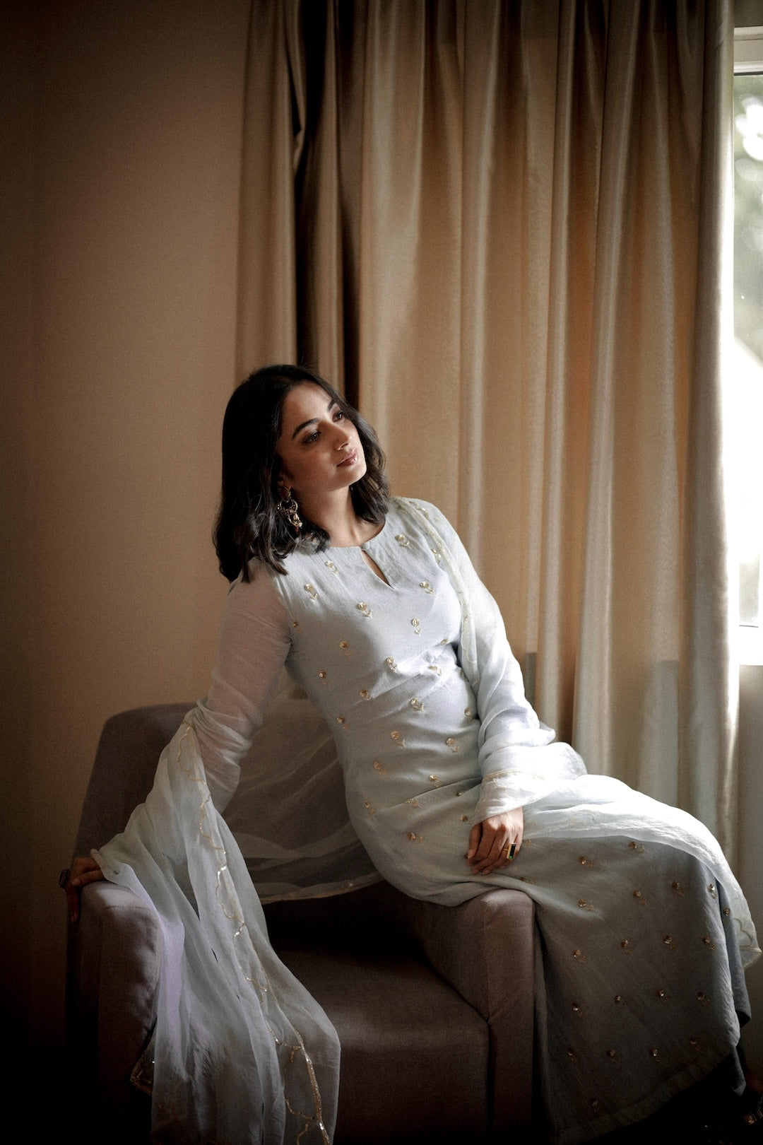 Namitha Pramod in baby blue chanderi and Organza Kurta Set