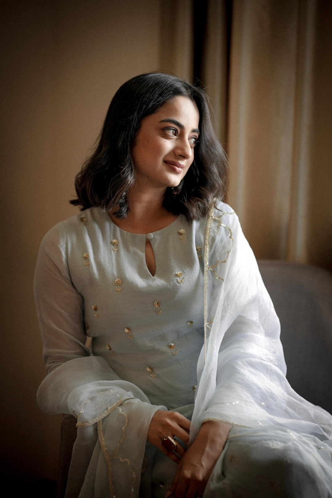 Namitha Pramod in baby blue chanderi and Organza Kurta Set