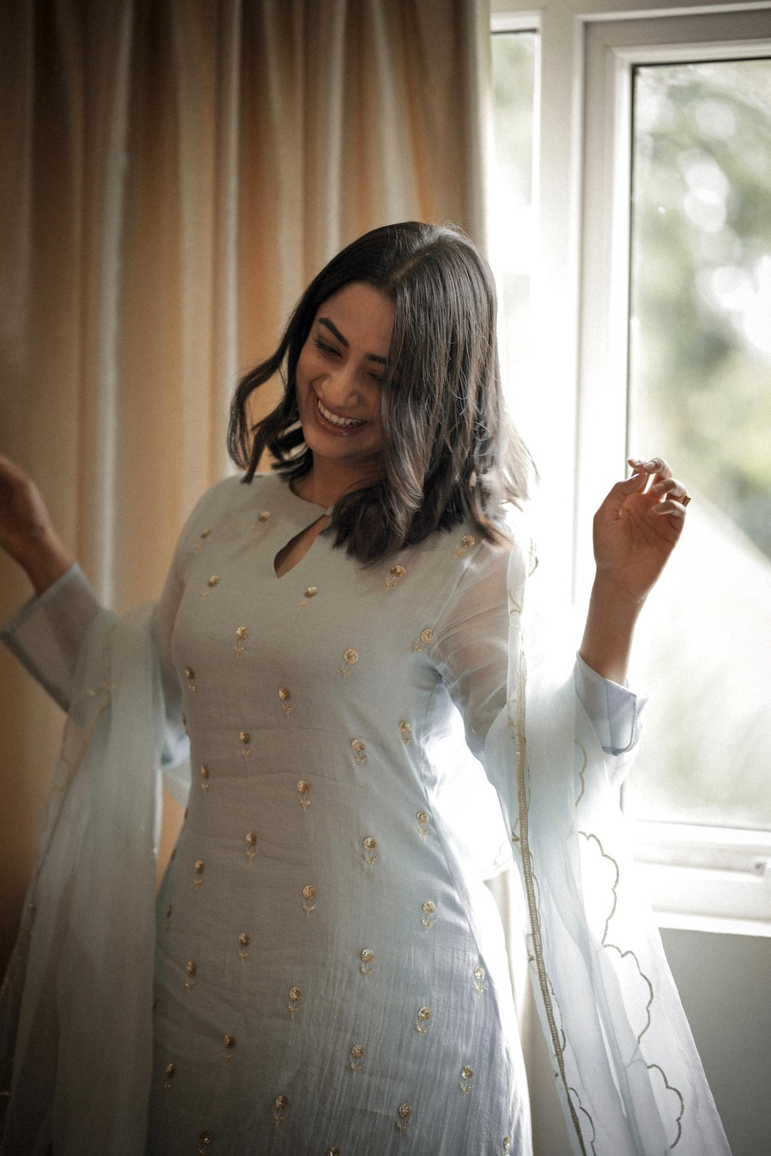 Namitha Pramod in baby blue chanderi and Organza Kurta Set