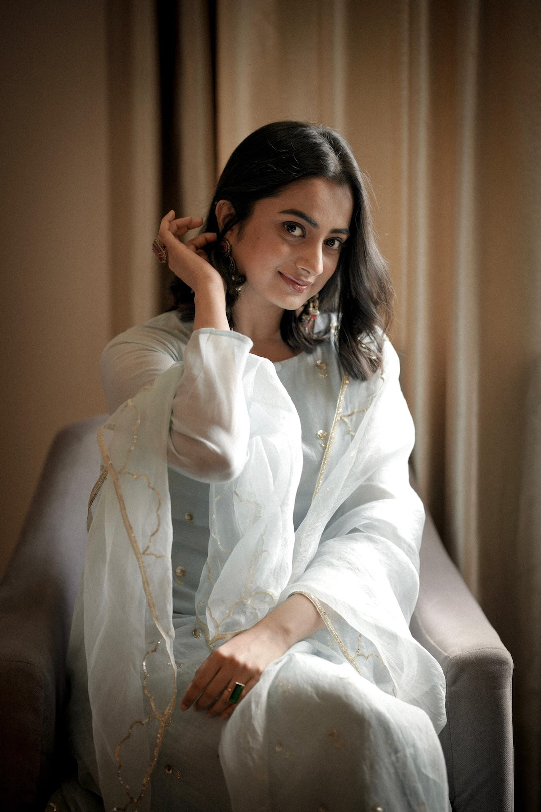 Namitha Pramod in baby blue chanderi and Organza Kurta Set