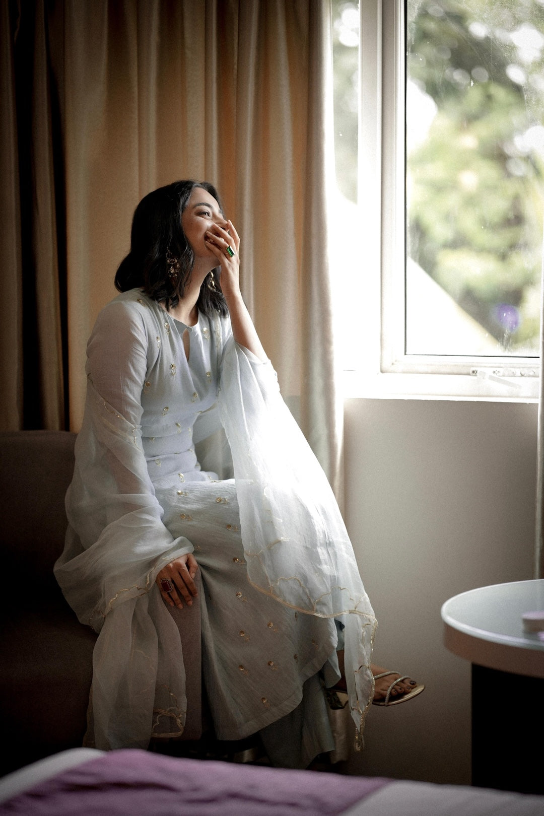 Namitha Pramod in baby blue chanderi and Organza Kurta Set