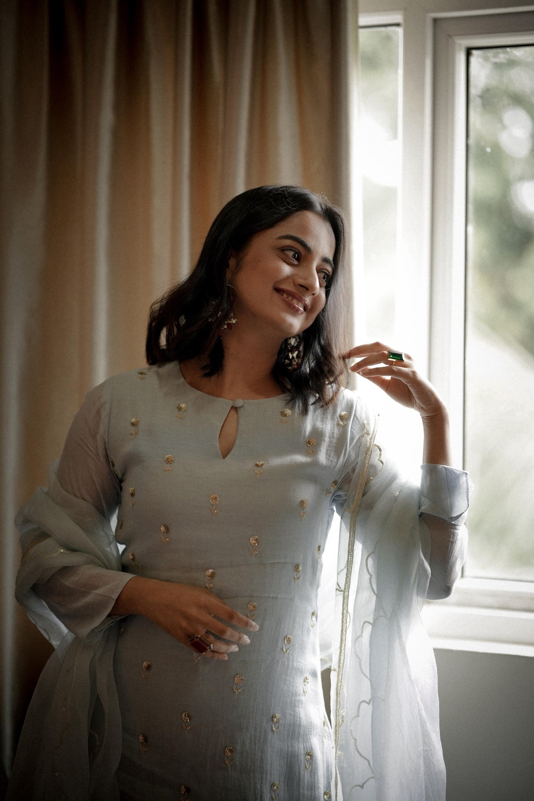 Namitha Pramod in baby blue chanderi and Organza Kurta Set