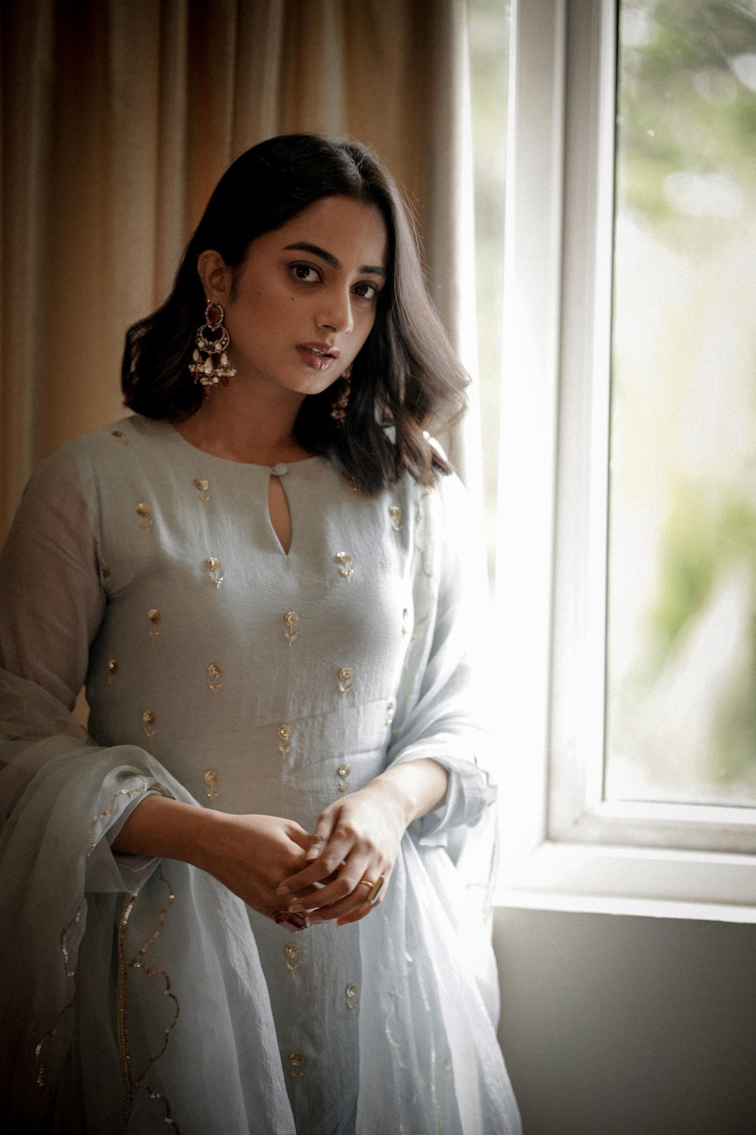 Namitha Pramod in baby blue chanderi and Organza Kurta Set