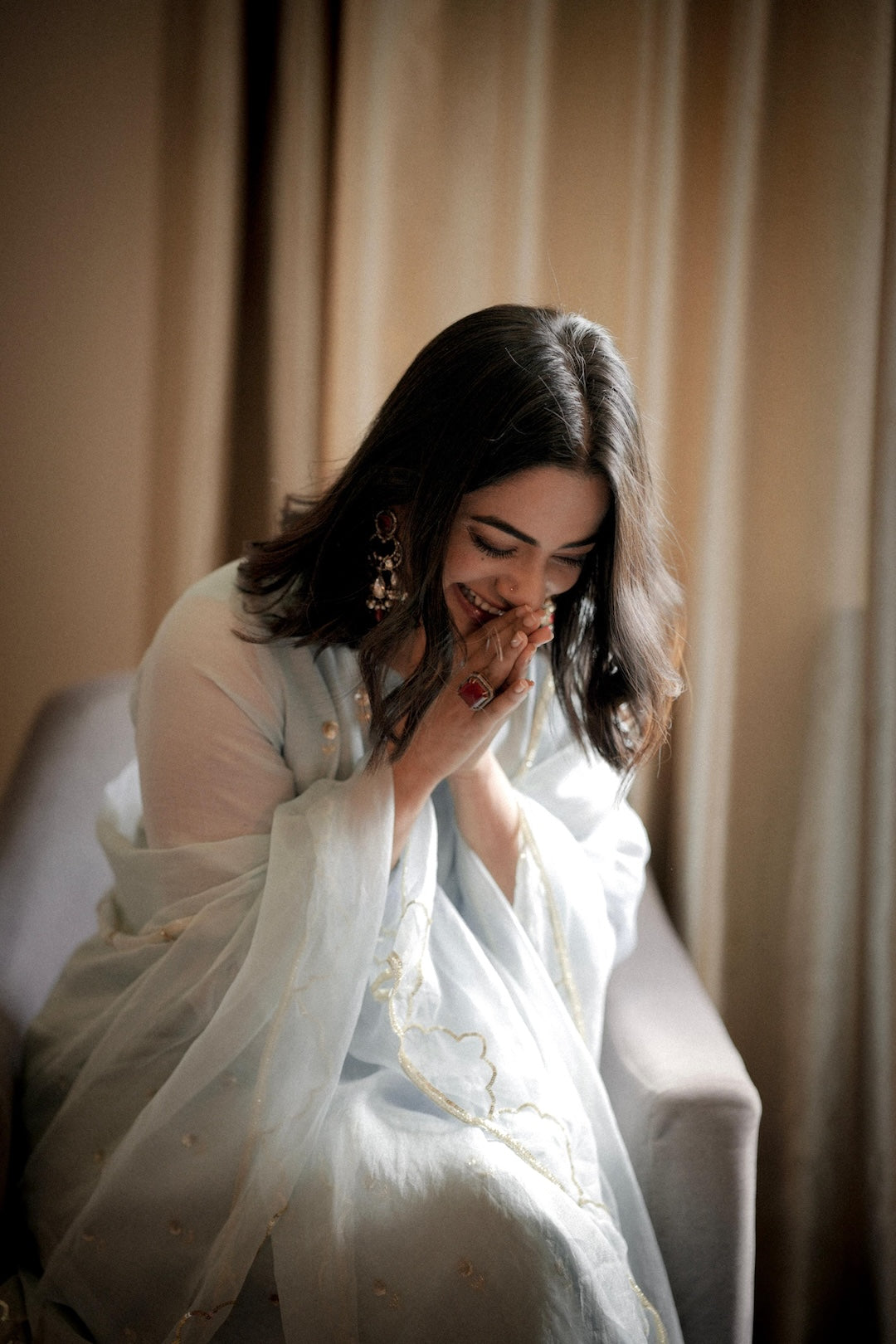 Namitha Pramod in baby blue chanderi and Organza Kurta Set