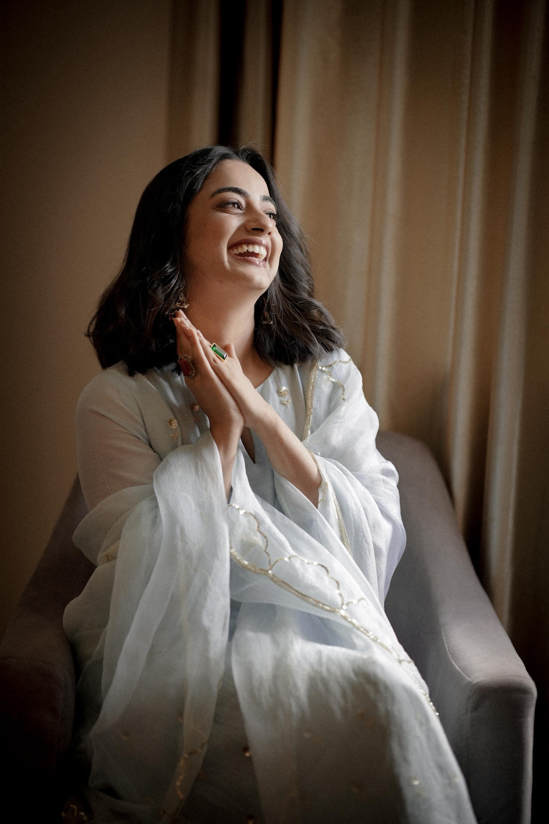 Namitha Pramod in baby blue chanderi and Organza Kurta Set