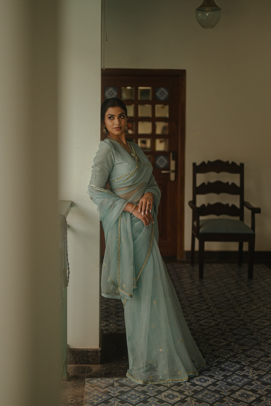 Blue Organza Saree with silk blouse - Zuleiha