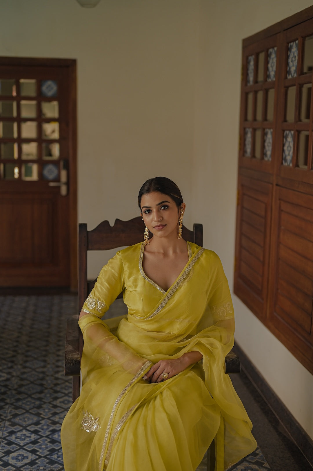 Green Organza Saree and Silk Blouse - Zuleiha