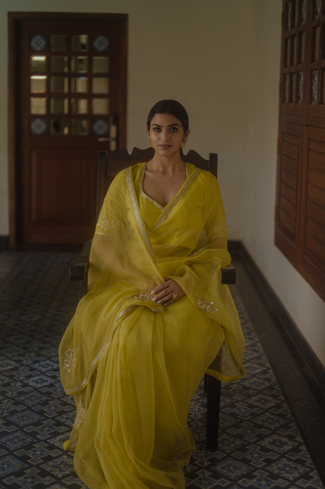 Green Organza Saree and Silk Blouse - Zuleiha
