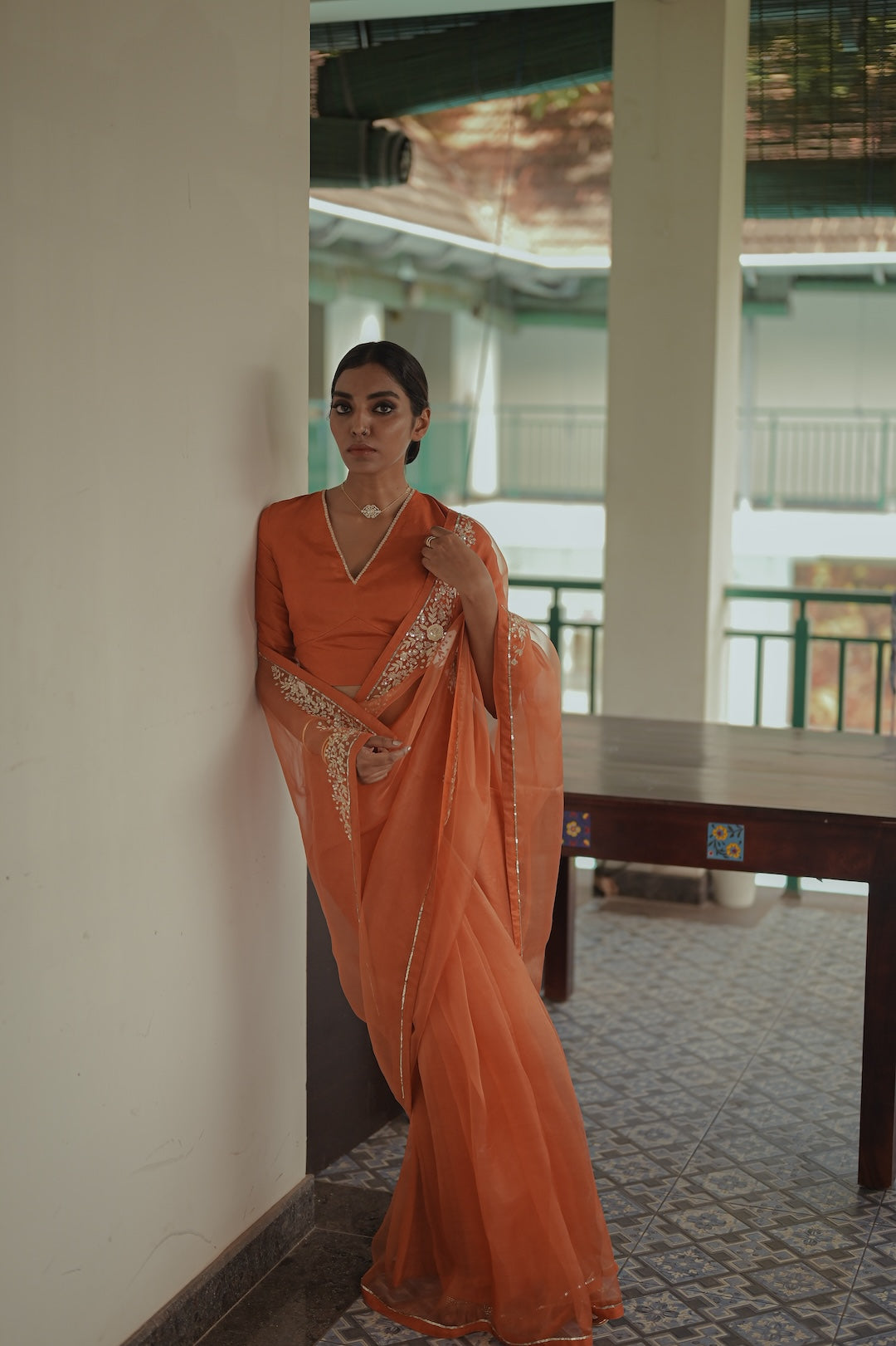 Orange Organza Saree with silk blouse - Zuleiha