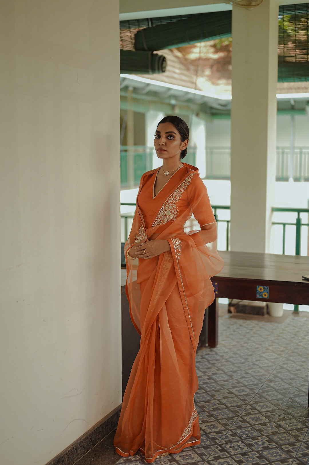 Orange Organza Saree with silk blouse - Zuleiha