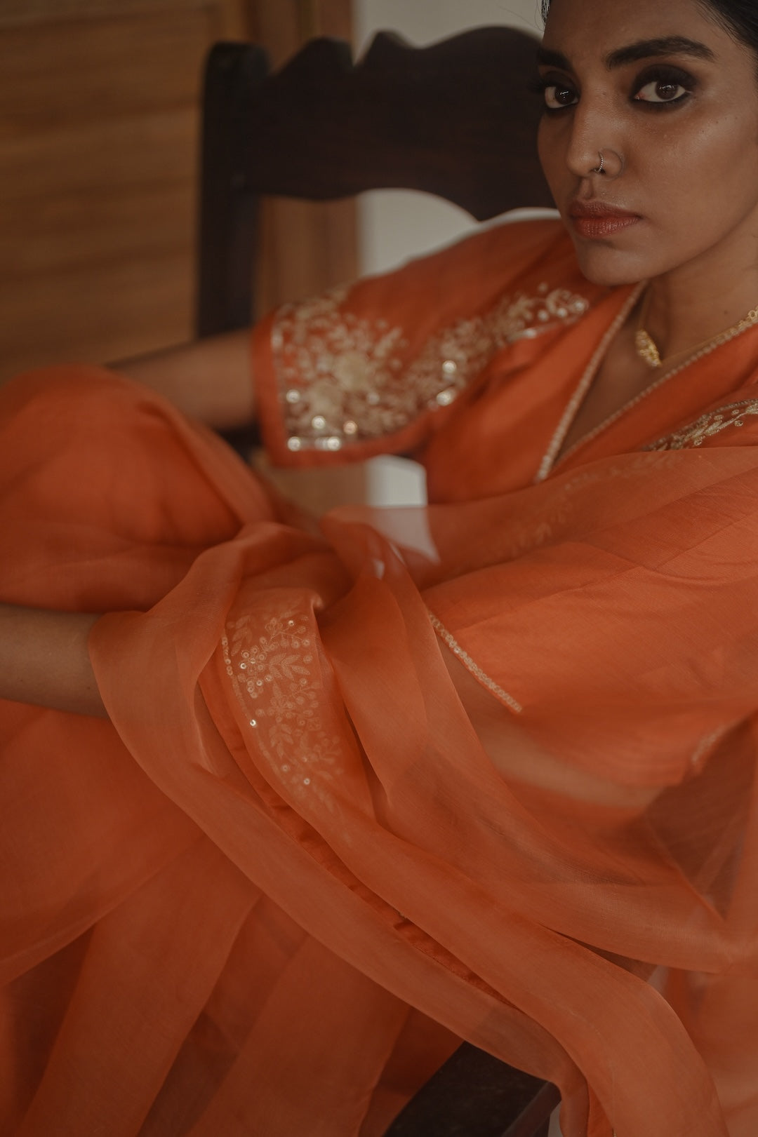 Orange Organza Saree with silk blouse - Zuleiha