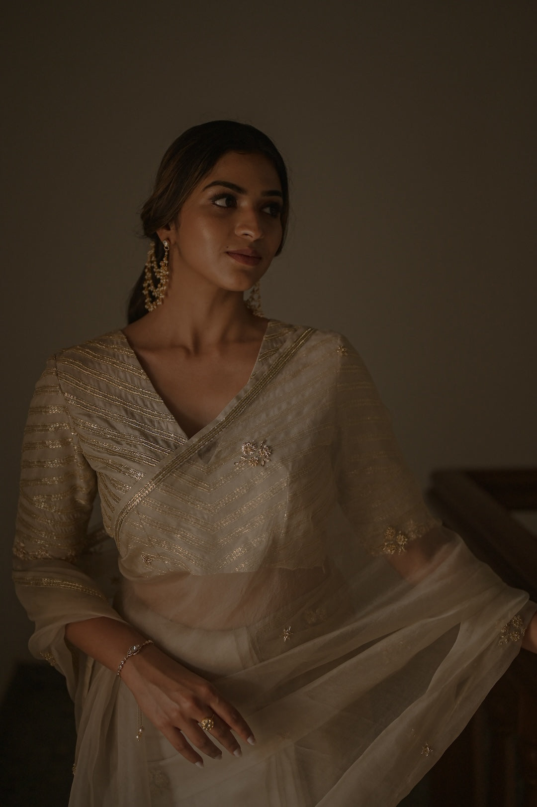 Ivory Organza Saree and Silk Blouse - Zuleiha