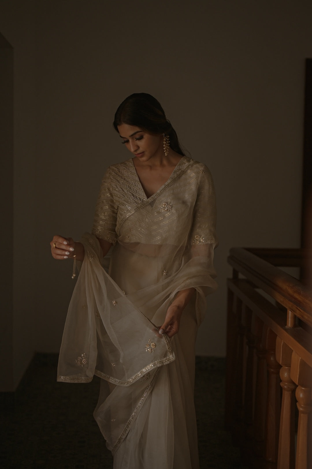 Ivory Organza Saree and Silk Blouse - Zuleiha
